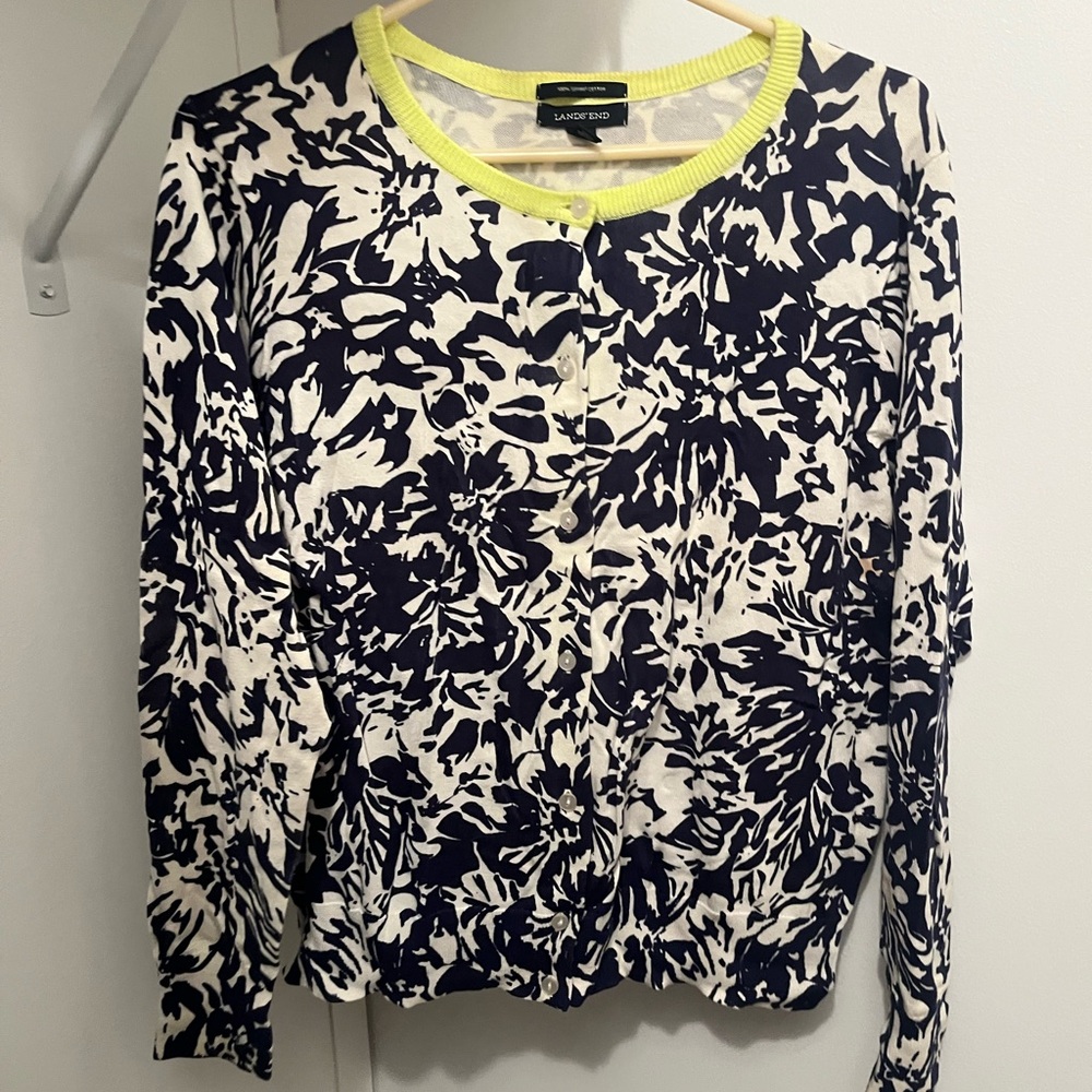 Lands' End Women's Navy and White Floral Button Down Shirt